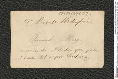 Nachlass Franz Steindachner, Visitenkarte von Fernando Mieg an Franz Steindachner, Inv.Nr. 341.01, Seite 1